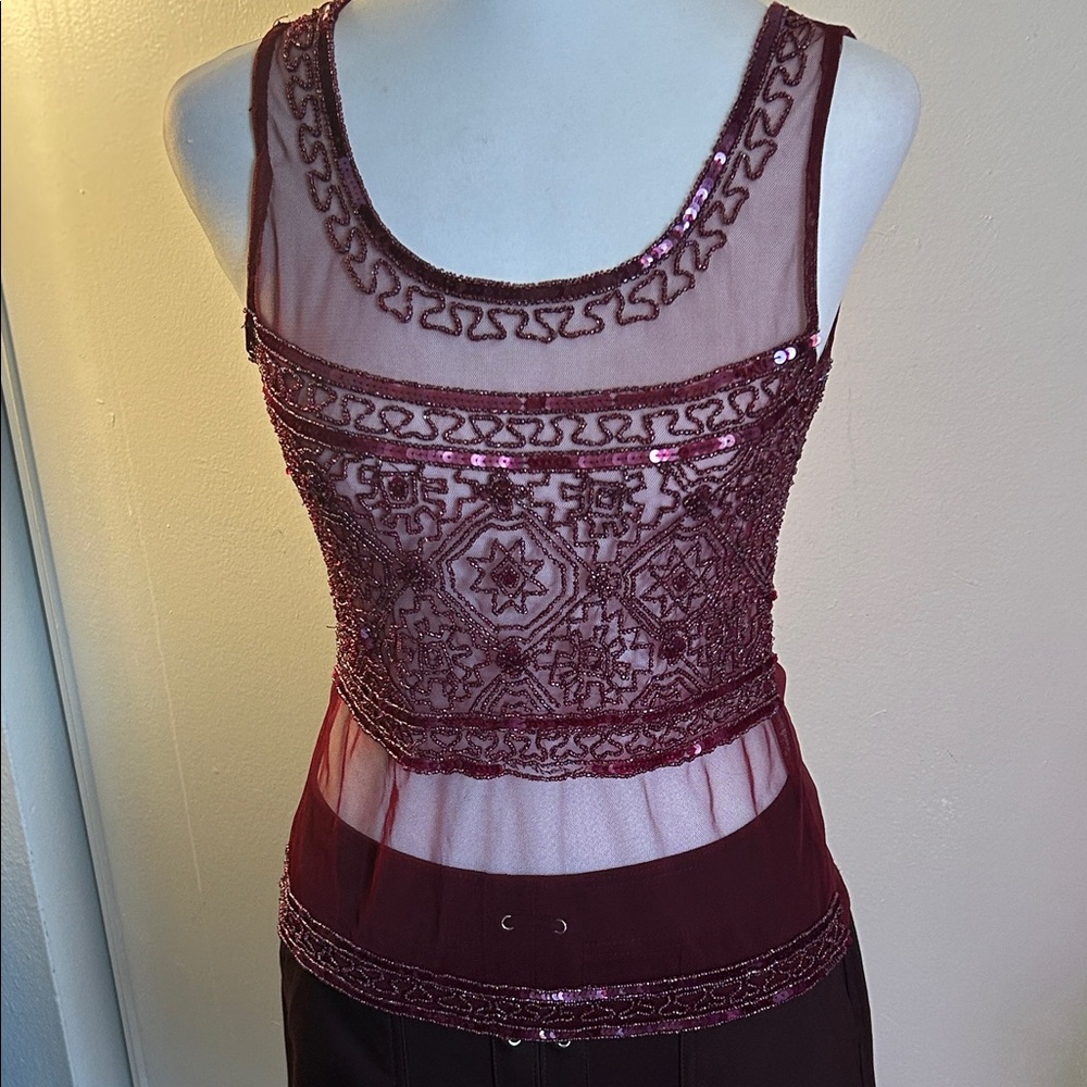 Passport  Vintage 90s Burgundy Beaded and Sequined Embellished Sheer Tank Top - Picture 2 of 14